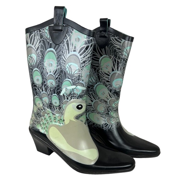 Dav Rainboots Women's Size 7 Peacock Print Western Style Waterproof Rubber Boots - Picture 3 of 7